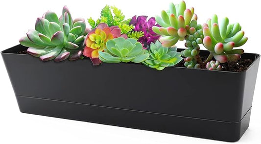 GREANER Herb Window Boxes 1PCS 16x3.8 Inch, Black Planter with Removable Trays and Drainage Holes, Succulent Flower Rectangular Plastic Pot for Balcony, Office, Windowsill, Garden, Indoor Outdoor Use