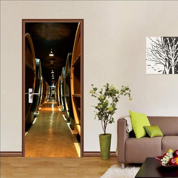 3D Door Stickers Murals - Peel & Stick Wine Cellar Theme - Removable PVC Waterproof Door Poster, 33.9" x 78.7" for Bedroom & Living Room