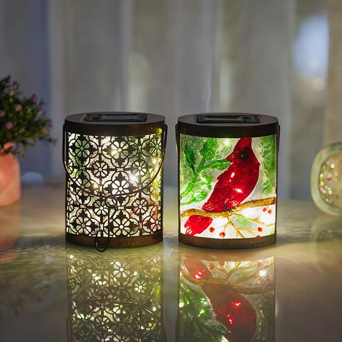 2 Pack Cardinal Solar Lanterns Outdoor Waterproof LED Light Hanging Solar Lantern Glass Tabletop Lamp for Patio Garden