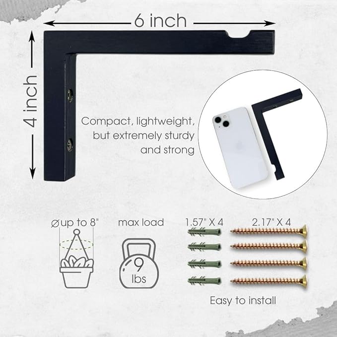 2-Piece Set of Plant Hooks for Wall 6 Inch - L-Shaped Mounted Wooden Plant Hook - Indoor and Outdoor Bracket Plant Hanger for Planters, Lanterns, Bird Feeders and Plant Basket (Black)