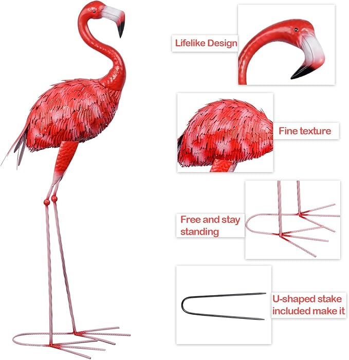 3Pcs Metal Flamingo Statues, Hot Pink Flamingo Outdoor Decor for Garden Home Patio Lawn Backyard Ornaments
