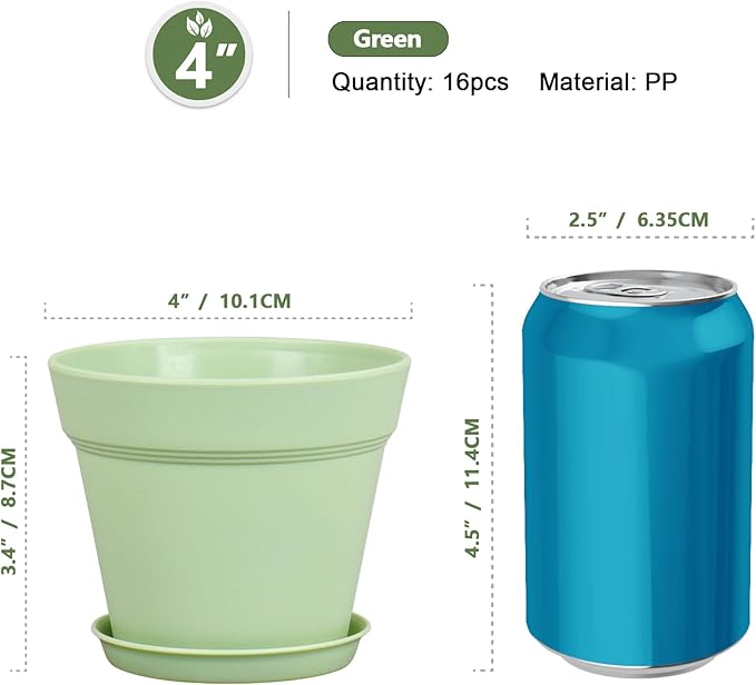 4 inch Small Plastic Nursery Pots, Seedling Pots - 16 Pack Plant Pots for Indoor & Outdoor Plants, Decorative Flower Pots with Drainage Holes and Saucers for House Plants, Green