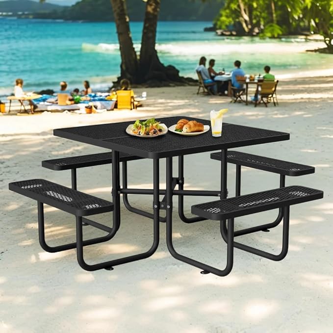 79'' Steel Square Picnic Table for Outdoors, Expanded, Lifetime Picnic Table with Umbrella Hole, Heavy Duty Sturdy Commercial Picnic Tables for Garden Courtyard BBQ, Black