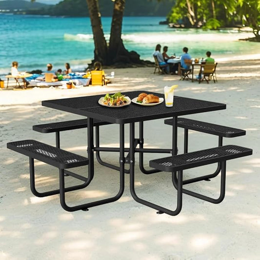 79'' Steel Square Picnic Table for Outdoors, Expanded, Lifetime Picnic Table with Umbrella Hole, Heavy Duty Sturdy Commercial Picnic Tables for Garden Courtyard BBQ, Black