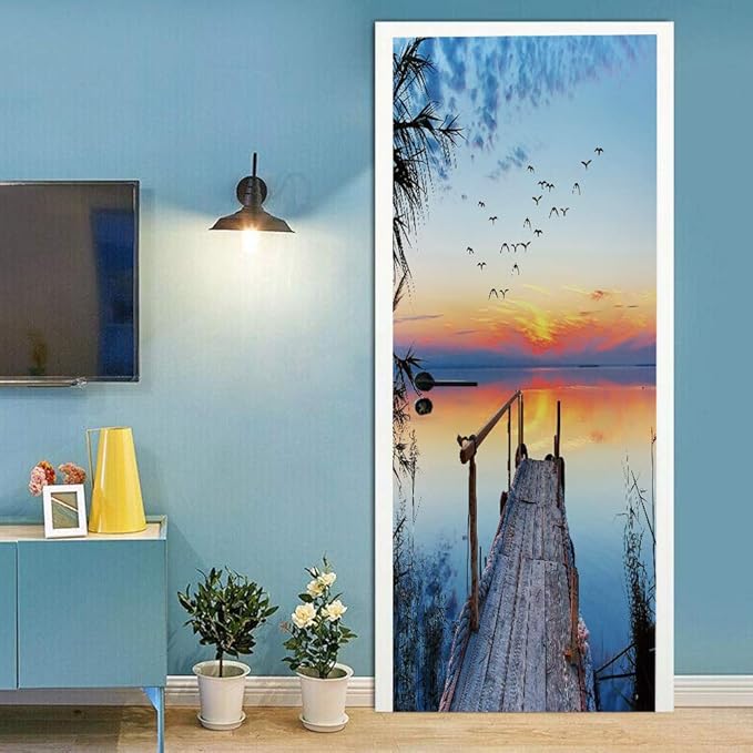 3D Pier Door Stickers - Blue PVC Waterproof Peel & Stick Wall & Door Decals - 37.4" x 84.6" - 2 Pieces