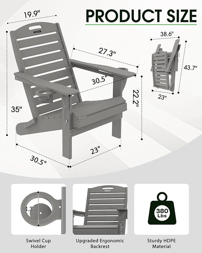 Adirondack Chair Folding HDPE Adirondack Chairs with Cup Holder, Outdoor Fire Pit Chairs All-Weather Lawn Chair for Deck Patio Garden (Grey)