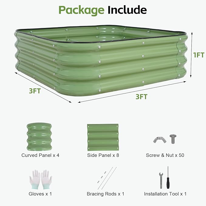 3-in-1 Modular Raised Garden Bed Kit - Adjustable Sizes (4x2x1ft, 3x3x1ft, 5x1x1ft) - Heavy-Duty Galvanized Steel Planter Box with Bracing Rods & Gloves for Vegetables, Fruits, Flowers
