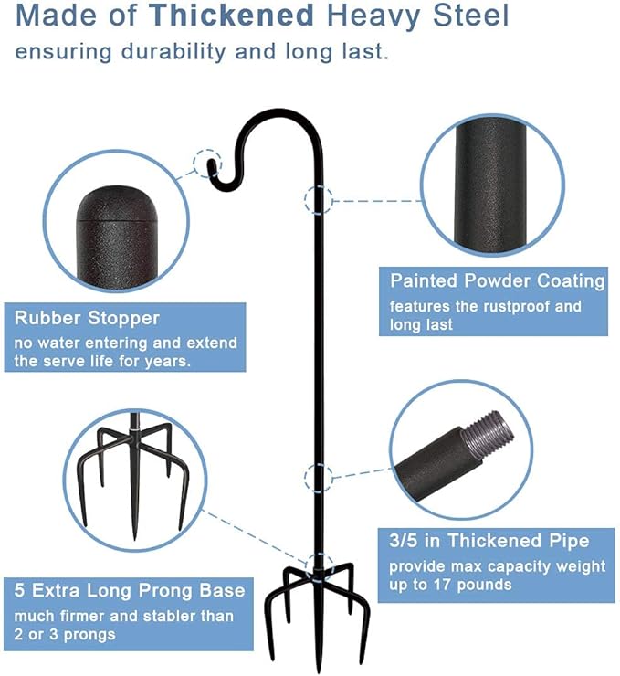 60 inch Outdoor Shepherd Hook with 5 Prong Base (2 Packs), Adjustable Heavy Duty Garden Hanging Stake for Bird Feeder Solar Light Plant Hanger Wedding Decor, Matte Black