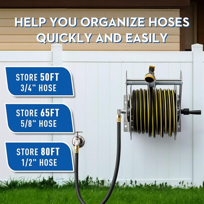 GREENER Stainless Steel Hose Reel For Outside,Wall Mount Garden Hose Holder Heavy Duty Metal Water Hose Reel, 3/4" Solid Connector with 5/8" Inlet Hose and Crank,80-Feet 1/2" Capacity