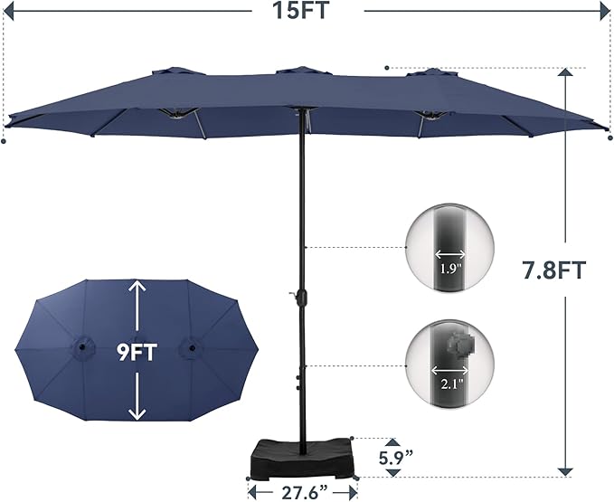 GREEN PARTY 15 ft Rectangle Patio Umbrella with Base Included, Double-Sided Table Umbrella with Crank, Large Outdoor Umbrellas for Patio Poolside Garden Backyard, Navy Blue