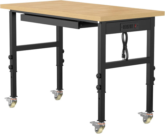 48" Adjustable Workbench,Heavy-Duty Work Table,3000 LBS Load Capacity Particleboard Hardwood Workstation Outlets with Power Strips, Drawers and Wheels,for Workshop, Garage