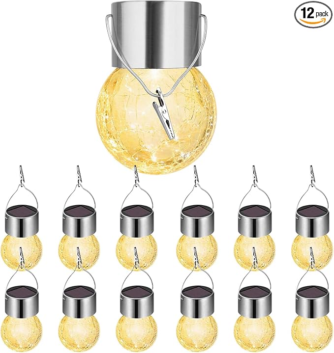 Hanging Solar Powered Warm White LED Light, Cracked Glass Ball Light, Waterproof Outdoor Christmas Decorative Lantern for Garden, Yard, Patio, Lawn (Single Color, 12)