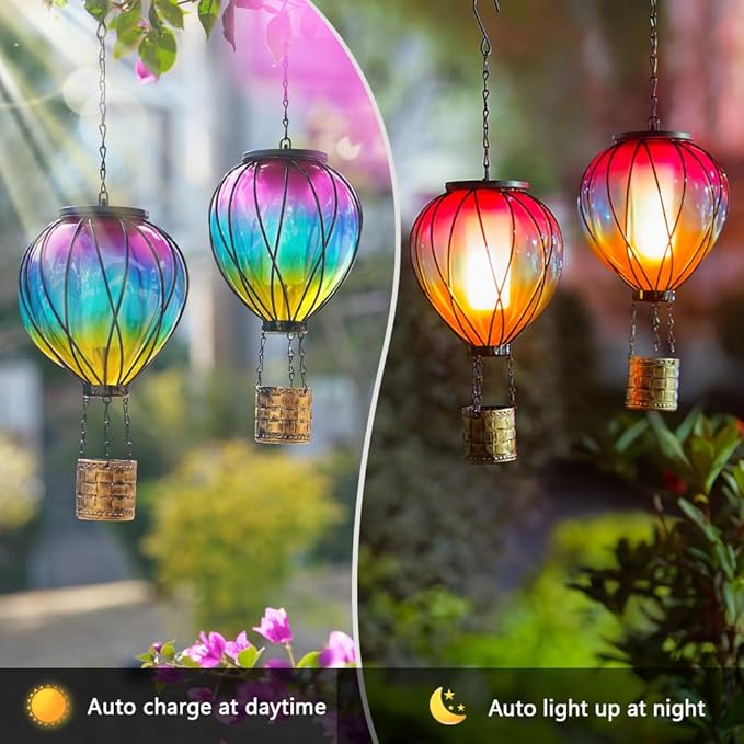 Hot Air Balloon Solar Lantern, 2 Pcs Solar Hot Air Balloon with Flickering Flame, Hanging Outdoor Lantern Waterproof Decor for Patio, Garden, Porch