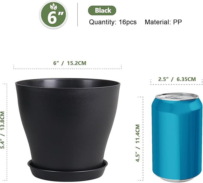 6 inch Plastic Nursery Pots, 16 Pack Plant Pots for Small Indoor Outdoor Plants, Flower Pots with Drainage Holes and Saucers, Decorative Seedling Starter Planters for House Plants, Black