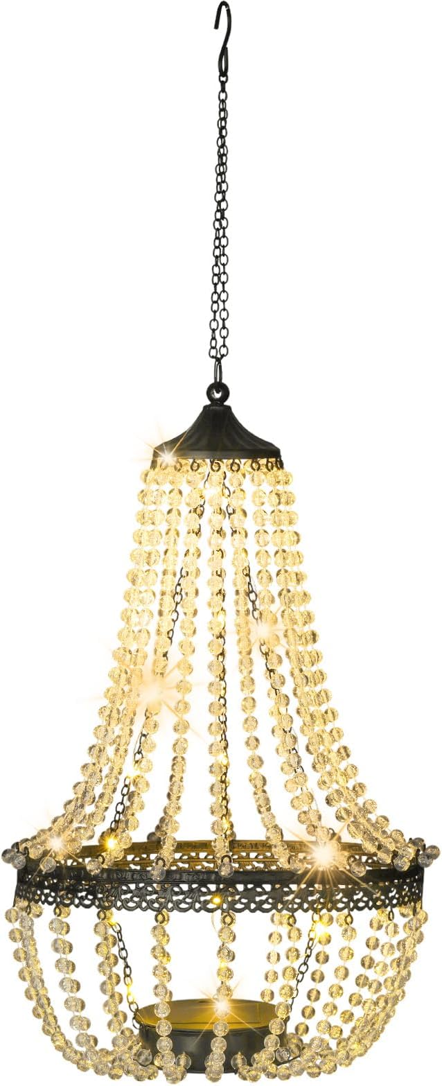 Hanging Solar Chandelier Outdoor, 30 Warm White Lights Acrylic Clear Beaded Chandelier with S Hooks Modern Lantern for Garden Yard Patio Gazebo Decorations, 28”H