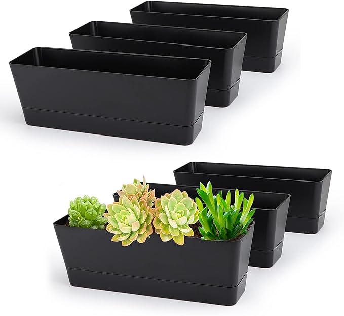 GREANER 6 Pack Herb Planters, 12x3.8 Inch Black Rectangle Window Boxes with Tray, Indoor Succulent Cactus Mint Plastic Pot for Windowsill, Balcony, Office, Outdoor Garden