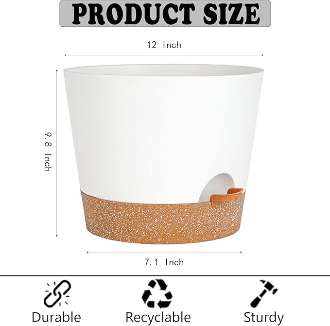 12+12Inch 2Pack Large Flower Pots for Indoor/Outdoor Plants,Self Watering Planters with Reservoir and Drainage Hole White Plastic Planting Pots Modern Home Decor Gift Idea