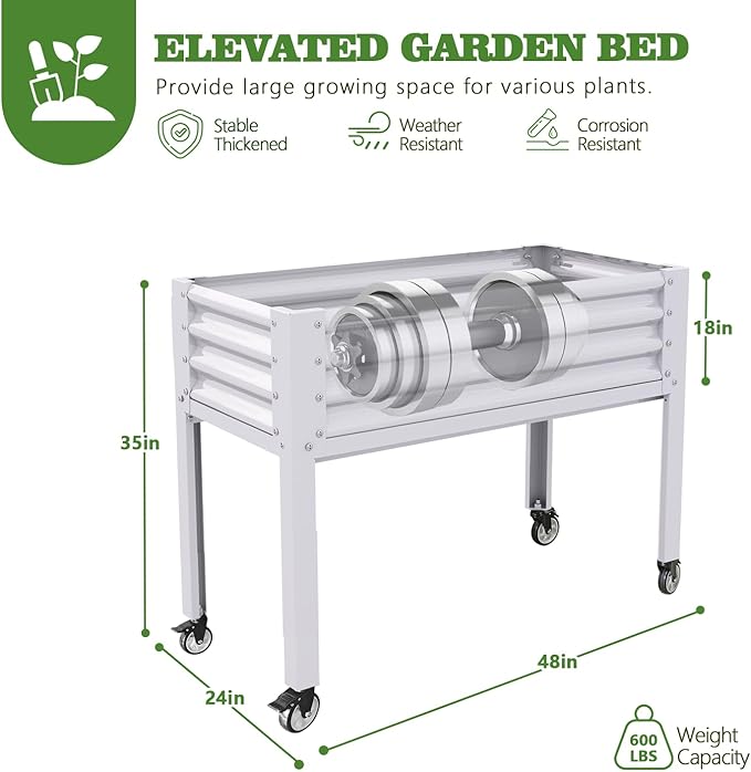 A ANLEOLIFE 4-Set Galvanized Raised Garden Bed with Legs,48x24x35in Large Elevated Planter Box on Wheels with Drainage Holes for Backyard, Balcony, Patio, 600lb Capacity, Antique White