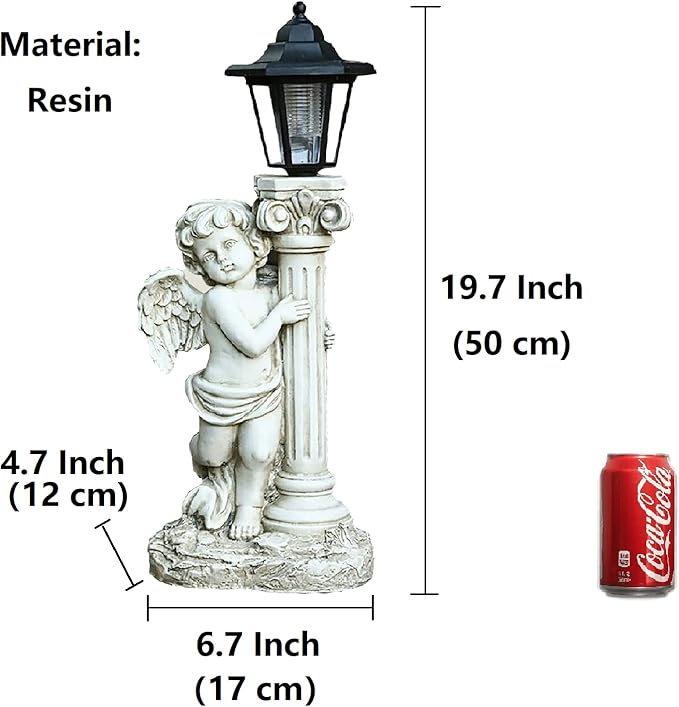 Angel Statue with Solar Lights (Right) 19.7 Inch, Outdoor Solar Angel Garden Statue with Roma Pillar for Garden Lawn Deocr, Christian Religious Gift
