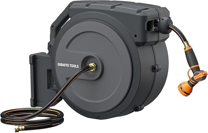 Giraffe Tools Retractable Hose Reel 5/8" x 90 ft Wall Mounted Garden Hose Reel Heavy Duty, Automatic Rewind, 180 Deg Swivel, Any Length Lock, 9 Pattern Nozzle, 90 ft, Dark Grey