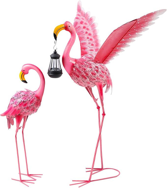 Garden Statues Flamingo Sculptures Metal Yard Art, Pink Bird Art Outdoor Backyard Decor Patio Lawn Porch Ornament Flamingo Yard Decoration (Sun and Moon)