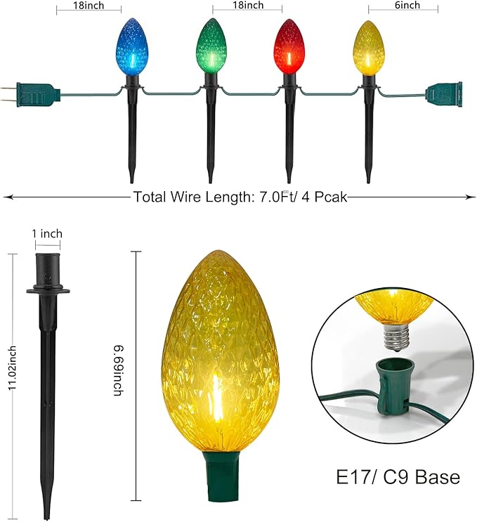 Abeja C9 Christmas Multicolor Pathway Lights, 2 Pack 7Ft Outdoor Pathway Markers Lights with 8 Jumbo C9 LED Multicolor Bulbs, Connectable Christmas Walkway Lights for Driveway Yard Garden Decor