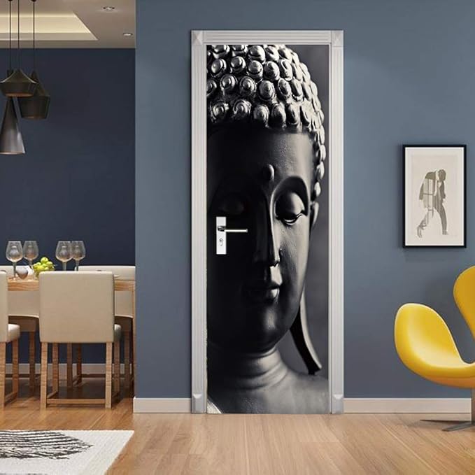 3D Door Stickers Murals - Buddha Statue - Peel and Stick - Waterproof & Washable - Matt Finish - Modern Style - White - 31.5" x 78.7" - 2 Pieces