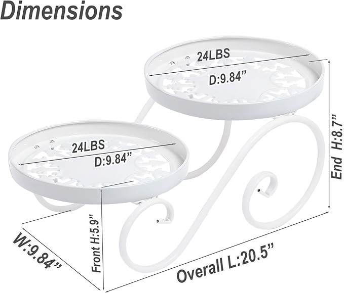 2 Tier White Plant Stand, Metal Flower Stand Indoor Outdoor, Anti-Rust Iron Plant Shelf, Round Flower Pot Stands for Multiple Plants, Display Rack Potted Plant Holders for Garden Home Decor
