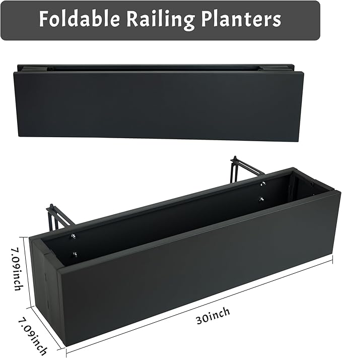 2 Pack Metal Railing Planter Box, 30 Inch Balcony Planters with Adjustable Brackets, Large Hanging Planters for Outdoor Fence Deck