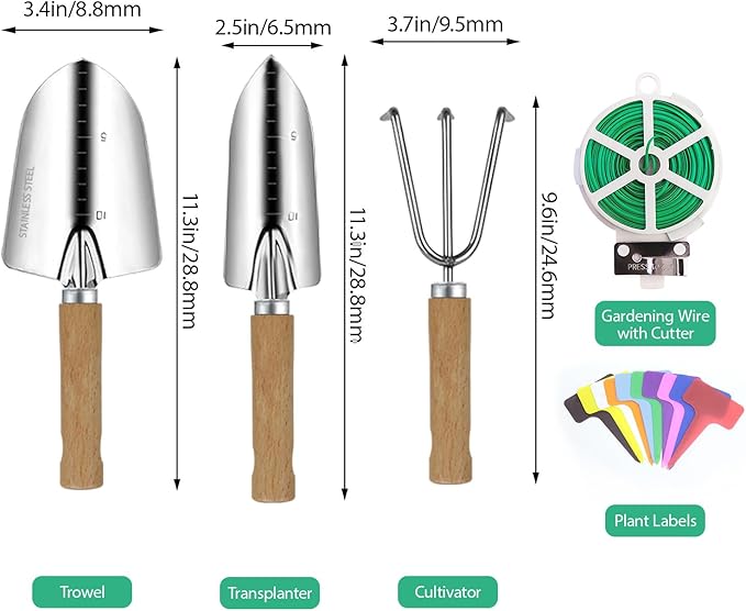 Garden Tool Set, 3 Pieces Gardening Kit with Garden Plant Twist Tie and Plastic Plant Tag, Stainless Steel Heavy Duty Garden Tools with Wooden Handle, Gardening Gifts for Women