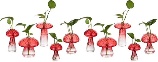 Glasseam Mushroom Plant Propagation Stations: Red Glass Terrarium Jar Set of 10 Cute Planters for Indoor Plants Mini Propagate Station Unique Christmas Birthday Gifts for Women Home Office Decor
