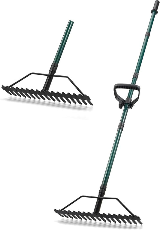 Garden Rake, 17'' Thatch Rake Heavy Duty with 63'' Long Back-Saving Adjustable Handle, Heavy Duty Metal Garden Tool for Loosening Leveling Soil, Gathering Leaves Grass, Weeding