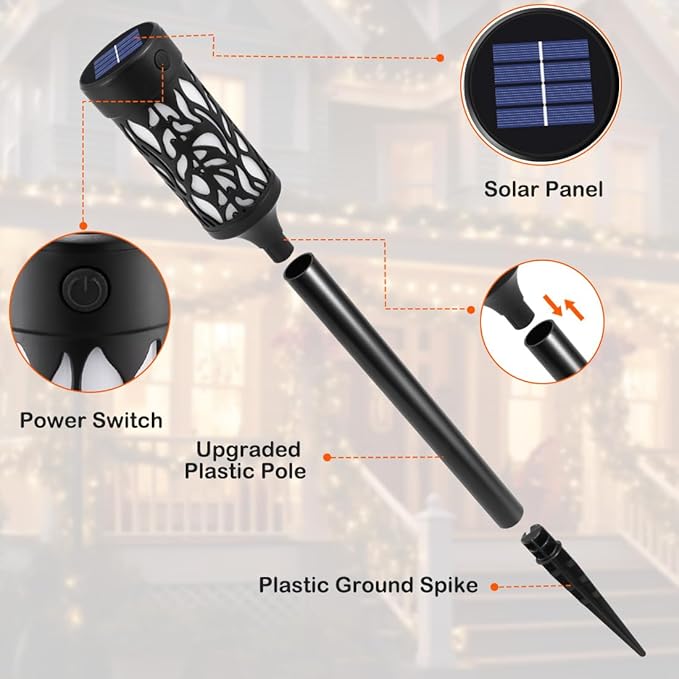 12Pcs Solar Lights Outdoor Waterproof, Tiki Torches for Outside with Flickering Flame, Solar Powered Outdoor Lights for Garden Decor, LED Luces Solares Garden Lighting for Pathway Yard Decorations