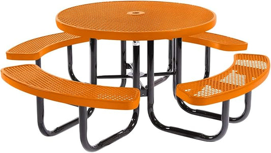 Heavy-Duty Portable Outdoor Picnic Table with Umbrella Hole, Expanded Metal Commercial-Grade Patio Dining Furniture Made in America (46" Round Top, Textured Orange)