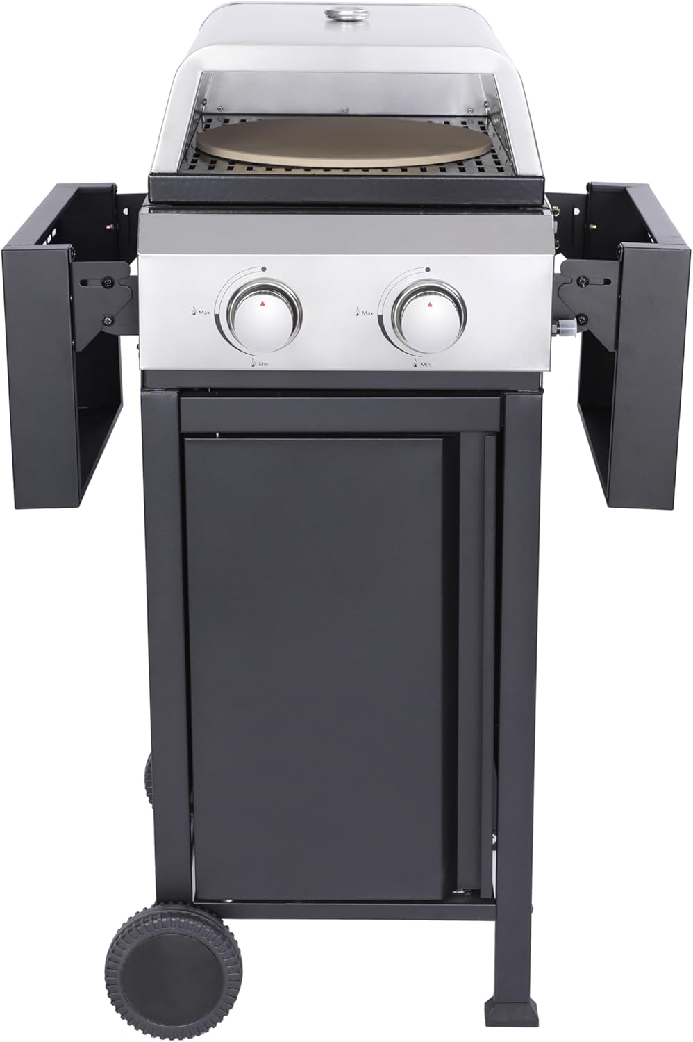 2-Burner Propane Gas BBQ Grill with Pizza Box, 24,600 BTU Output, Wire Enamel Grids, Foldable Side Table and Hanging Basket, Stainless Steel Patio Grill