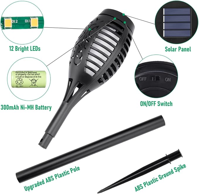 IkeeRuic Solar Flame Torch Lights for Outdoor Decor, 12Pack Outdoor Lights Solar Powered Waterproof, LED Torches for Outside Decor, Luces Solares Outdoor Decorations for Patio Garden Art