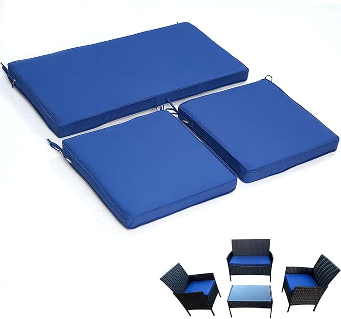 3-Pack Outdoor Patio Furniture Replacement Cushions Set–High-Elastic Sponge Cushions Fit 4-Piece Wicker Rattan Sofa, Loveseat & Chairs, 36x18x2 & 18x18x2, Waterproof, Fade-Resistant (Navy blue)