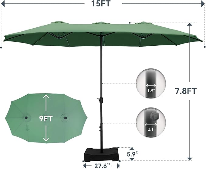 GREEN PARTY 15 ft Rectangle Patio Umbrella with Base Included, Double-Sided Table Umbrella with Crank, Large Outdoor Umbrellas for Patio Poolside Garden Backyard, Mint Green
