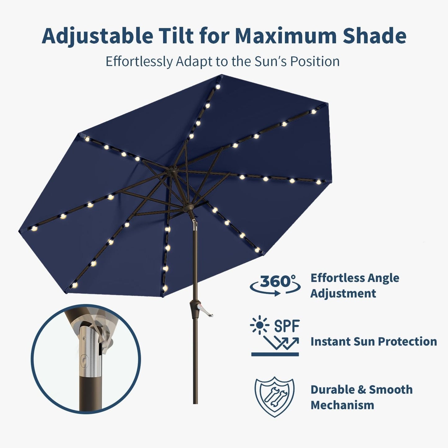 9FT Solar Umbrella 32 LED Lighted Patio Umbrella Table Market Umbrella w/Tilt and Crank, UV-Resistant Outdoor Umbrella for Pool, Garden, Deck, Navy Blue