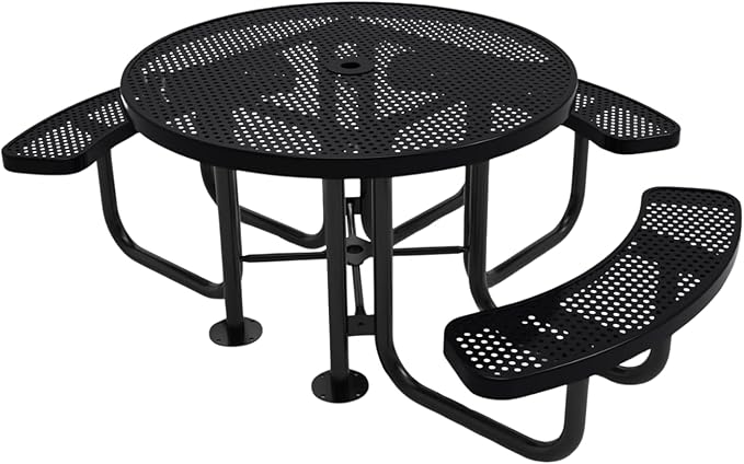 Heavy-Duty Portable Outdoor Picnic Table with Umbrella Hole, Punched Steel Patio Dining Furniture Made in America (46" Round Top, Black)