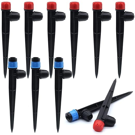 50 PCS Quick-Connect Drip Irrigation Emitters with Adjustable Water Flow - Sprayer for 1/4 inch Irrigation Tubing - 360 Degree Sprayer Perfect for Irrigation System Watering Kit(Red & Blue)
