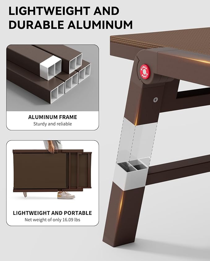 Aluminum Chaise Lounge Chair Outdoor, Foldable Patio Lounge Chair 2 Sets Assemble-Free, Pool Lounge Chairs with 5 Adjustable Backrest, Outdoor Lounge Chairs for Outside Poolside Beach Lawn Brown