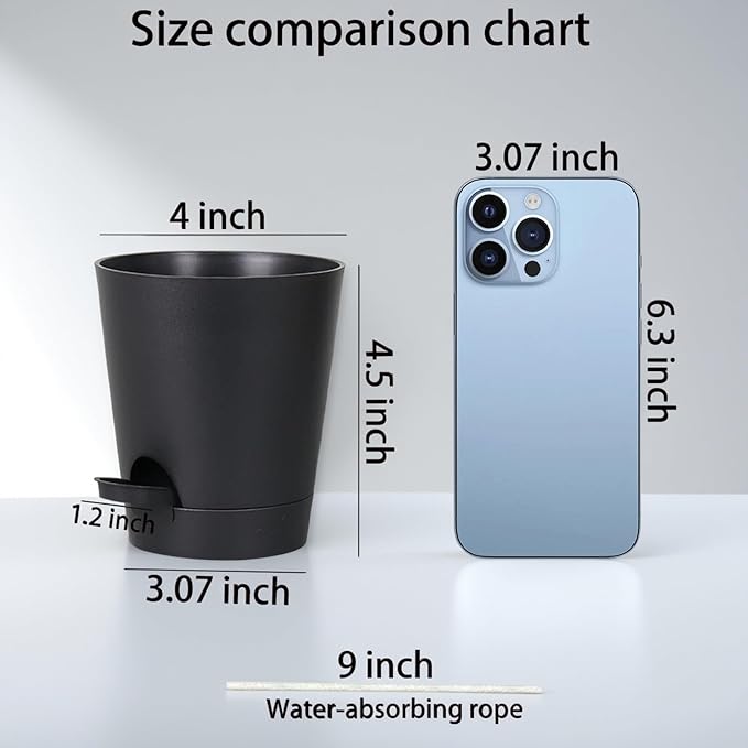 12 Pack 4 Inch Self Watering Plant Pots with Drainage and Saucers，Plastic Flower Pots for Indoor and Outdoor Plants, Nursery Planters for Houseplants and Herbs Black, 4 inch 12pcs