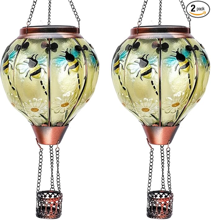 2PC Hot Air Balloon Solar Lantern with 2PC Shepherd Hook, Flickering Flame Hanging Solar Lanterns Outdoor Lights Waterproof Lanterns Decorative Garden Patio Yard Party Decor (Bees)
