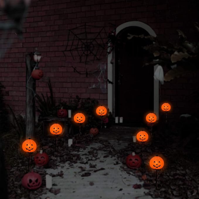 Halloween Pumpkin Pathway Markers Lights Outdoor, 7Ft Connectable C7 Halloween Decorations Pathway String Lights with 4 Pumpkin Stakes Lights for Outdoor Garden Walkway Yard Driveway Lawn Party Decor