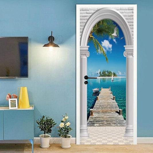3D Door Stickers Murals - Landscape - Peel and Stick - Waterproof & Washable - Matt Finish - 35.4" x 78.7" - White - Door & Wall - Tropical - Adult