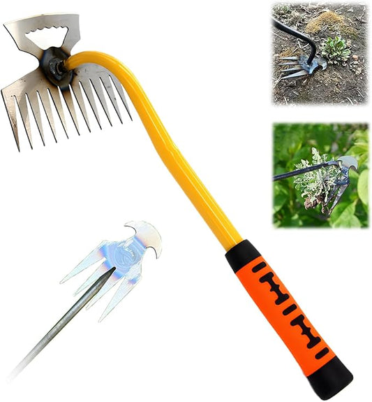 Amposei Weeding Artifact Uprooting Weeding Tool, Multifunctional Weeder, Hand Weeder Tool, Stand Up Weed Puller Tool with Handle for Garden Yard Farm Weed Removal (11 Teeth-Weed Tool)