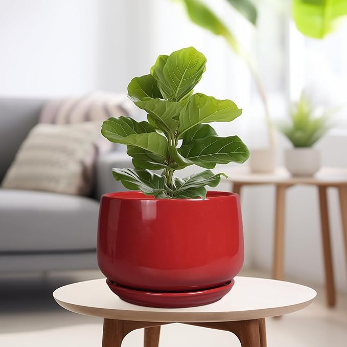 G EPGardening Ceramic Plant Pots - 9 Inch Flower pots for Indoor Outdoor Plant, Round Planter with Drainage and Saucer, Modern Home Decor, Gift for Women Men, Red