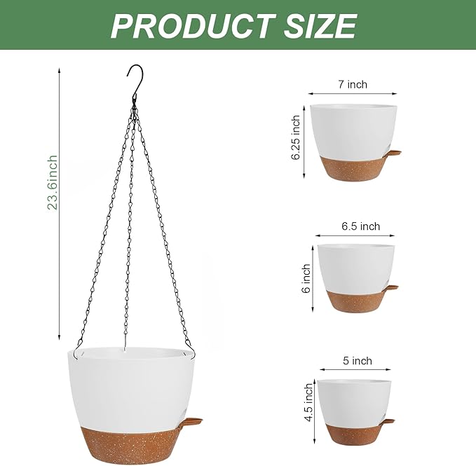 3 Pack Hanging Planter Indoor Outdoor Flower Pots 7/6.5/5 Inch, Self-Watering Hanging Pot with Drainage Holes Hanging Baskets Holder Plant Pots for Garden (White)