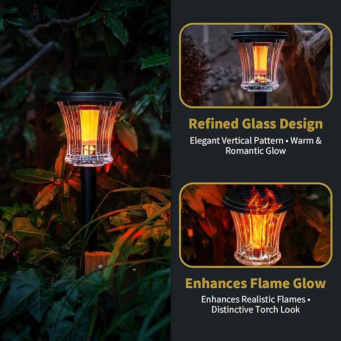 Glass Solar Torch Lights Outdoor Waterproof, Flickering Flame Tiki Torches with Modular Design, Auto On/Off LED Solar Lights for Garden Patio Yard Lawn Pathway Walkway Decorations (3 Pack)